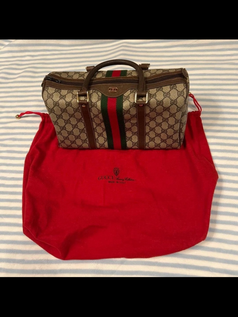 Gucci Beige GG Supreme Satchel with Green-Red Web Stripe